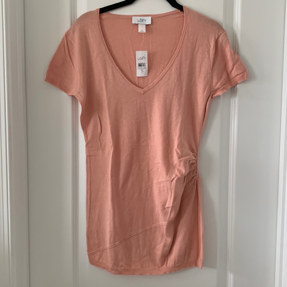 NWT LOFT Peach Cotton Blend Knit Side-Ruche Short Sleeve Top Size Small